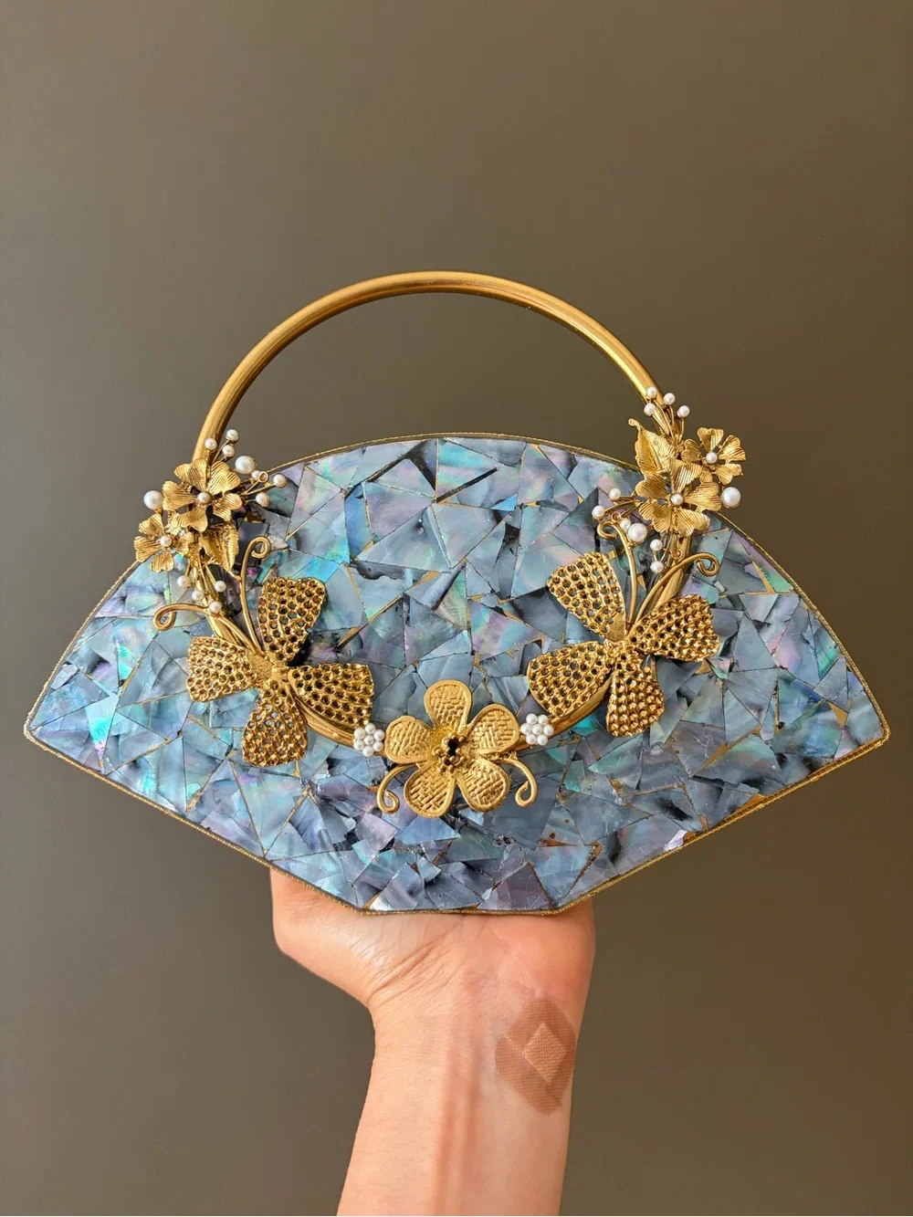 Gold Floral-Accent Iridescent Shell Evening Bag